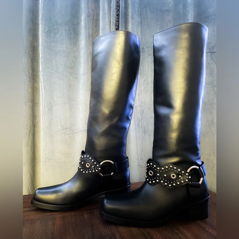 Red Valentino Vero Cuoio Black Leather Under-Knee Biker Boots - Picture 4 of 10